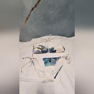 Tory Birch Bikini S Top/ M Bottoms White With Teal Blue Floral